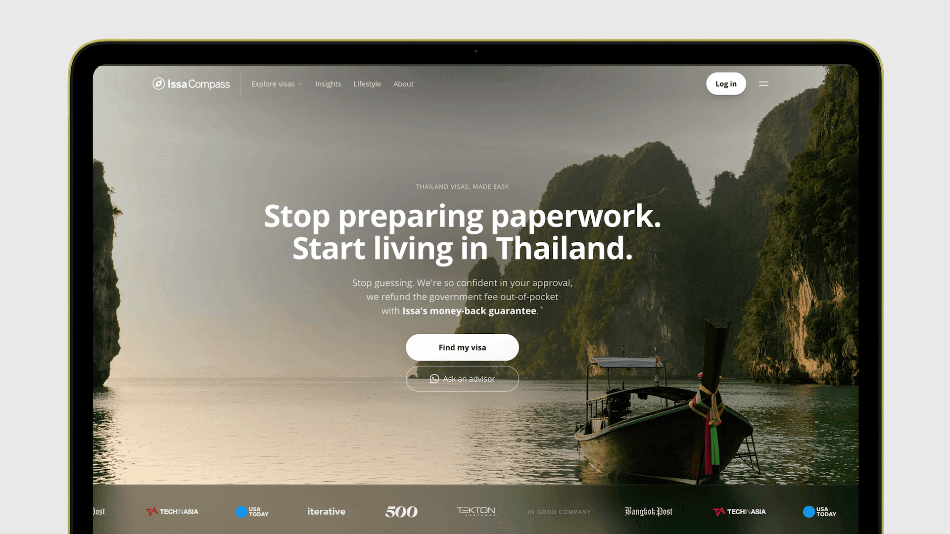Issa Compass visa application startup shown on a laptop.