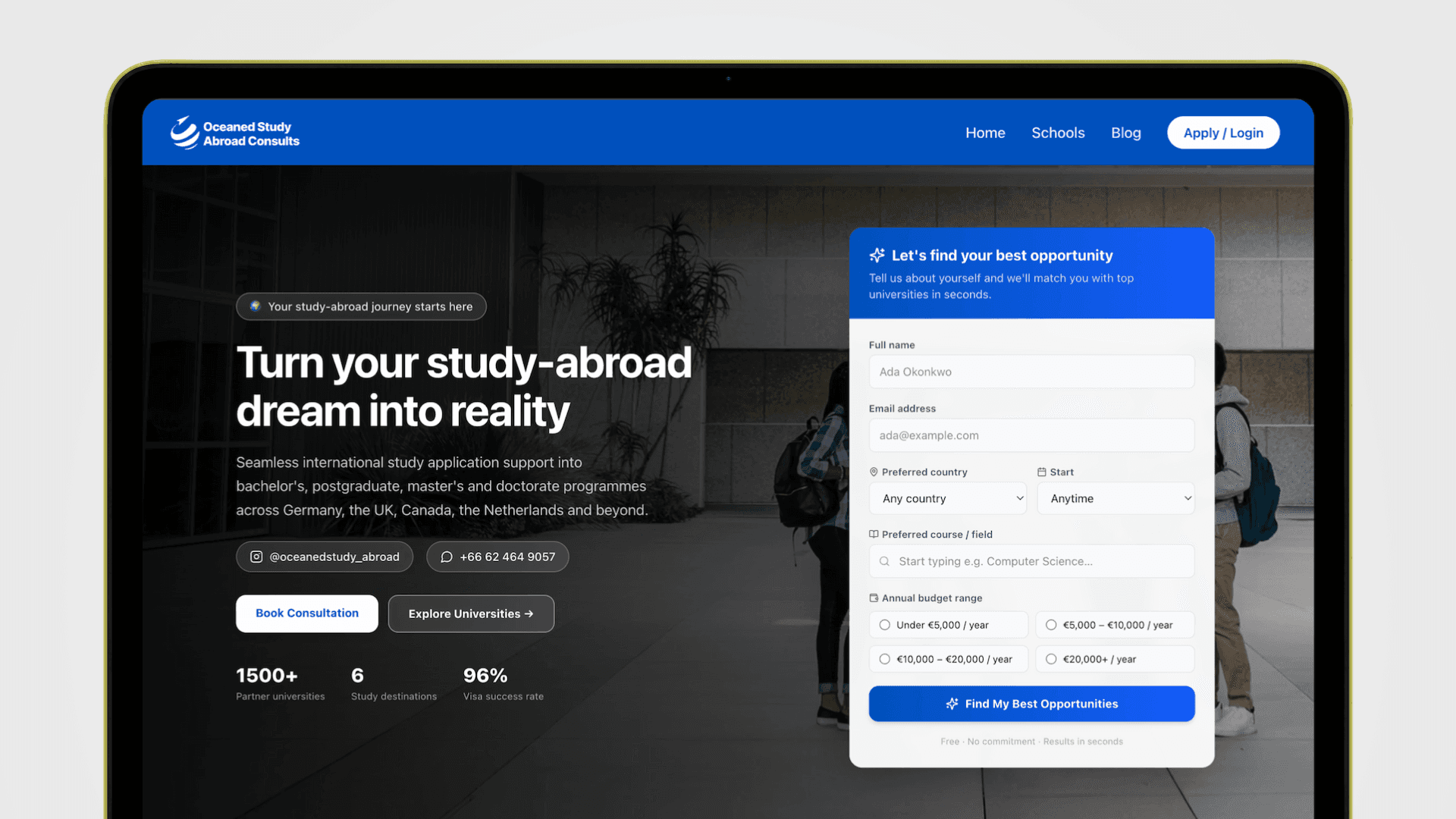 The Oceaned study-abroad website shown on a laptop, with the candidate intake form open.